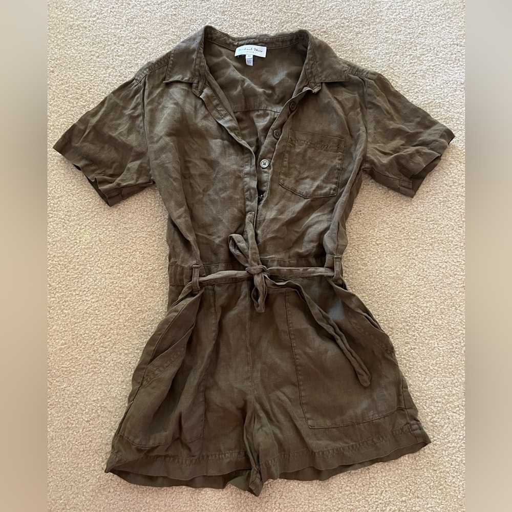 Michael Stars Green Linen Blend Collared Tie Waist Romper - Size XS